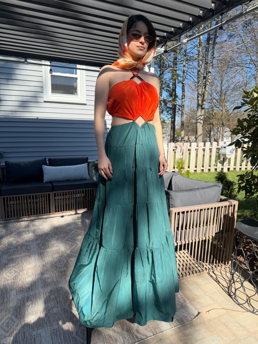 Lilly Pulitzer Orange Halter Top with Teal Green Tiered Maxi Skirt